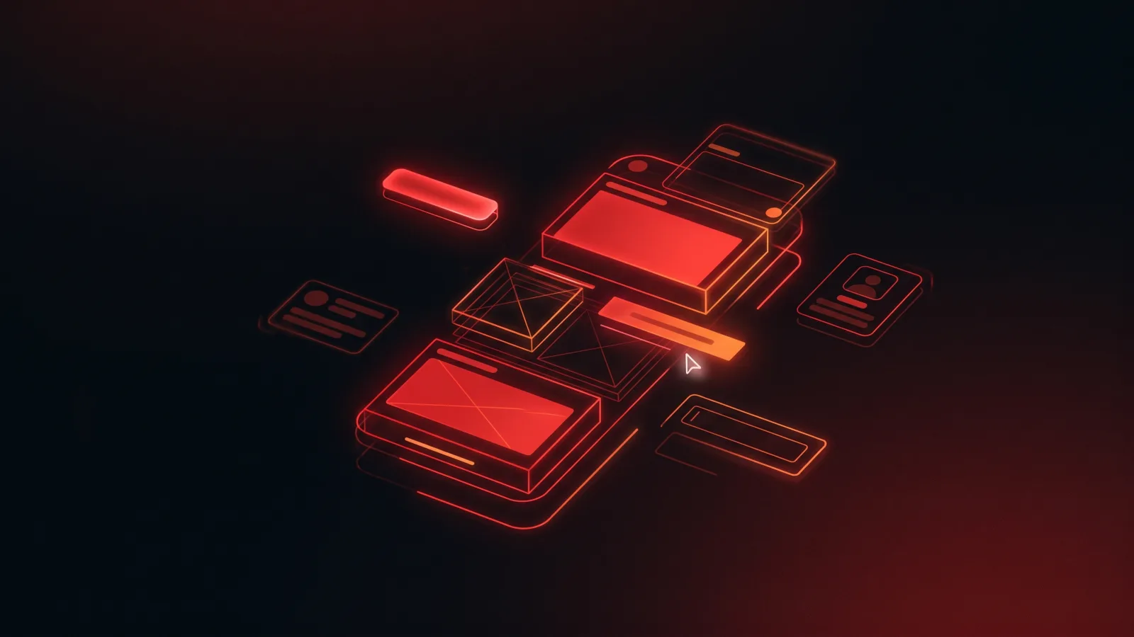 An app interface assembling itself from glowing red wireframe blocks, mid-build, with a cursor and floating UI fragments