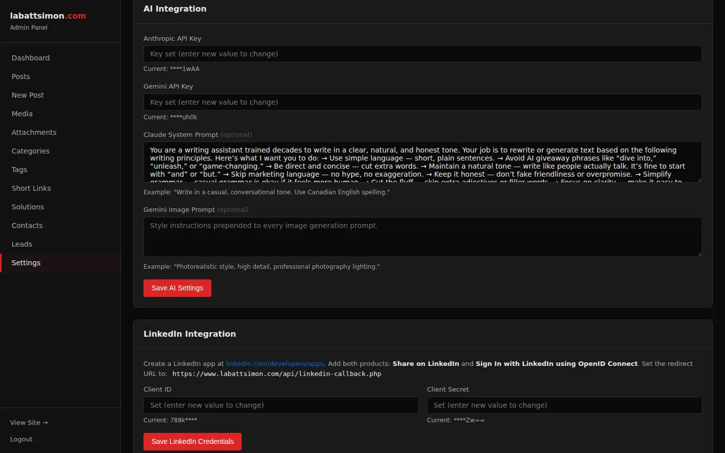 Admin Settings Panel